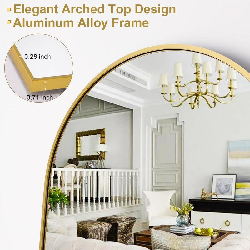 64"X21" Arched Full Length Mirror Free Standing Leaning Mirror Hanging Mounted Mirror Aluminum Frame Modern Simple Home Decor for Living Room Bedroom Cloakroom, Gold